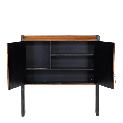 1950s European : lacquered fruitwood liquor cabinet w/inlay