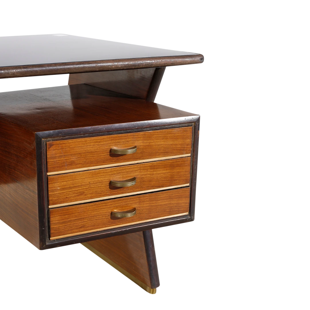 1950s Vittorio Dassi : desk in walnut & black glass, Italy