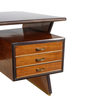 1950s Vittorio Dassi : desk in walnut & black glass, Italy