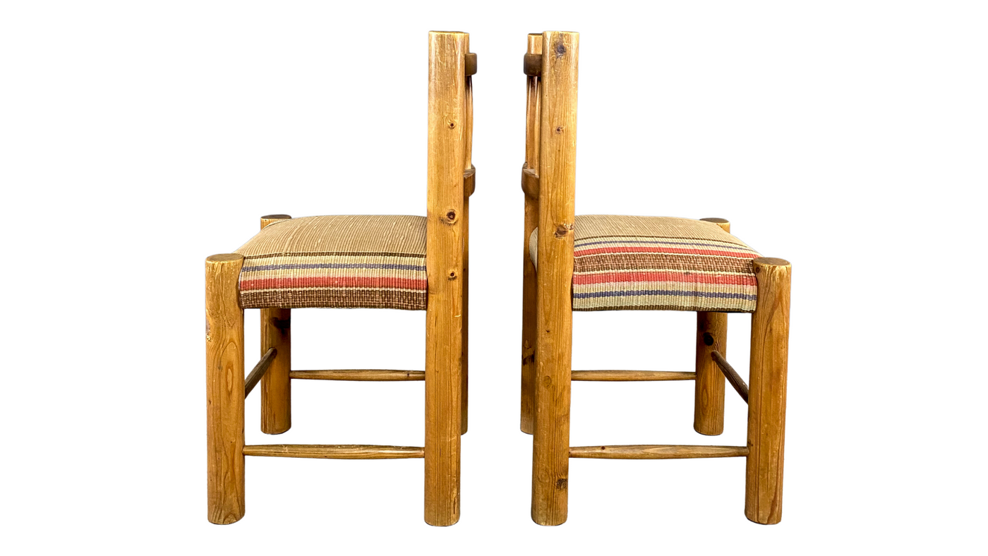 1960s set six Spanish pinewood dining chairs, Kilim seating