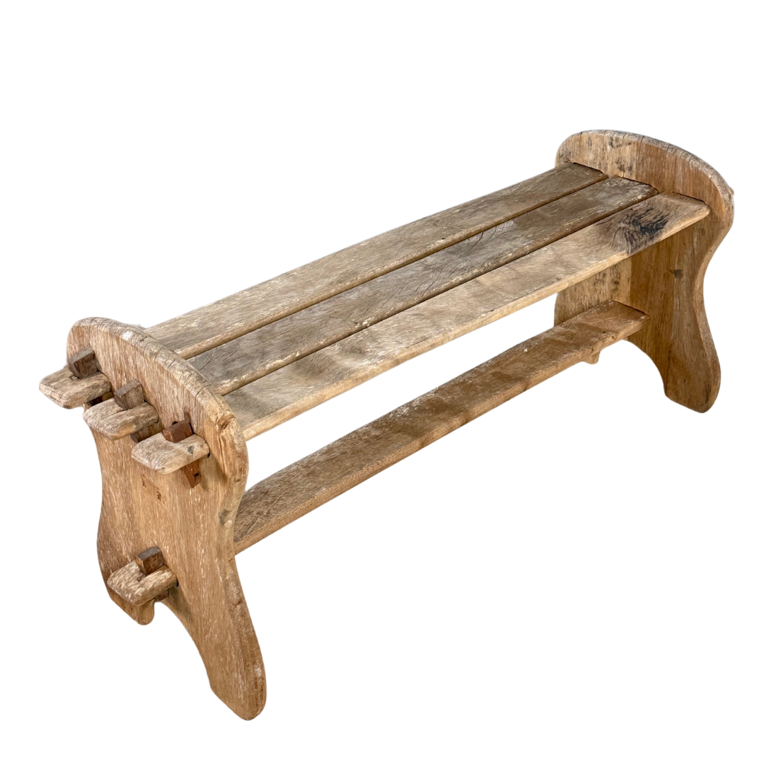 1940s French : "modern rustique" brutalist solid chestnut trestle bench