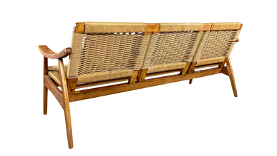 American mid-century oak and papercord 3-seat settee
