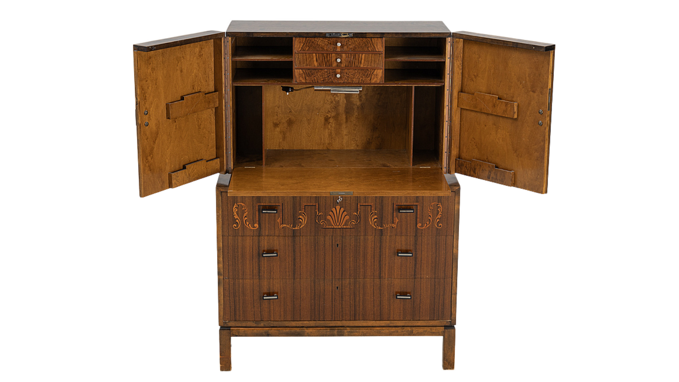 1930s Swedish Grace rootwood inlay bar cabinet
