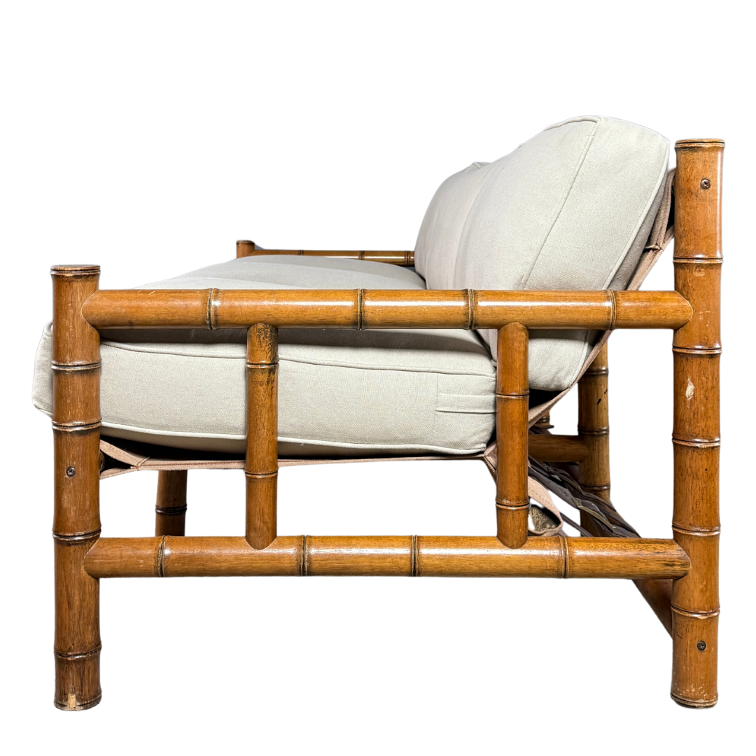 1970s Italian : faux bamboo, canvas sling 3-seat safari sofa