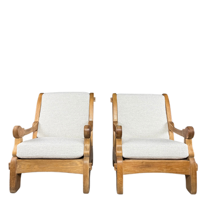 1970s French : pair of solid oakwood brutalist lounge chairs