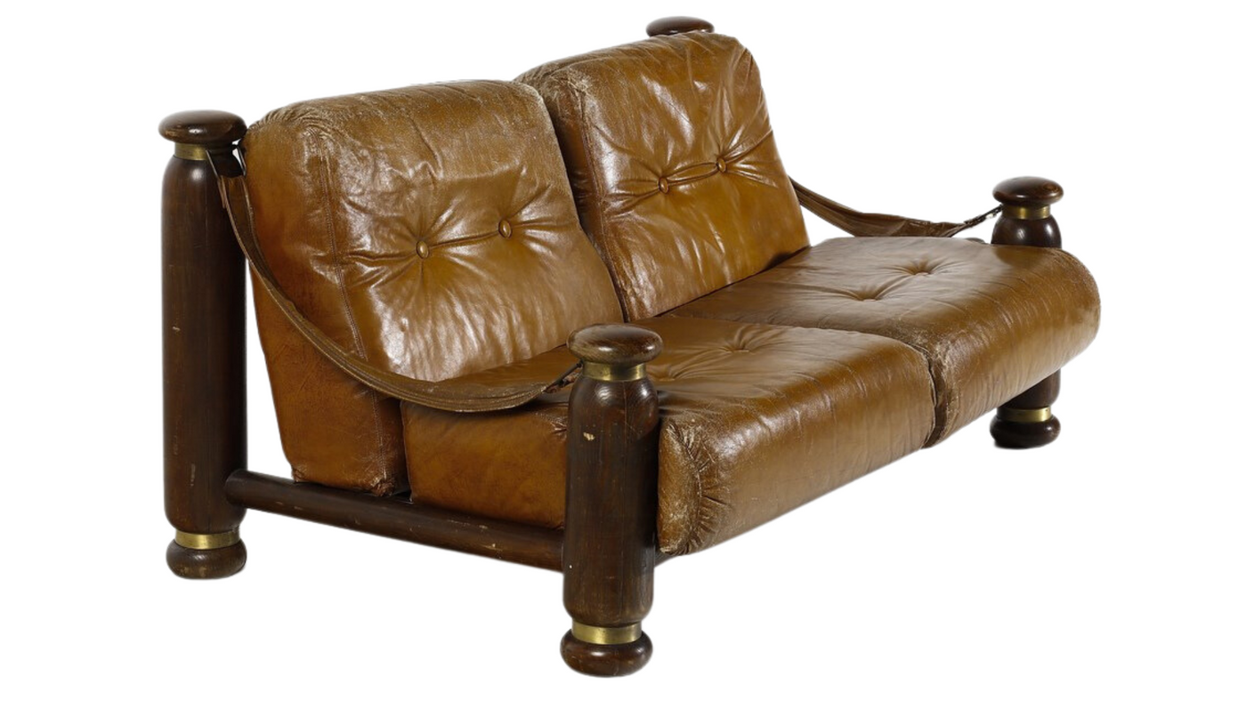1960s Brazilian leather and rosewood 2-seat sofa