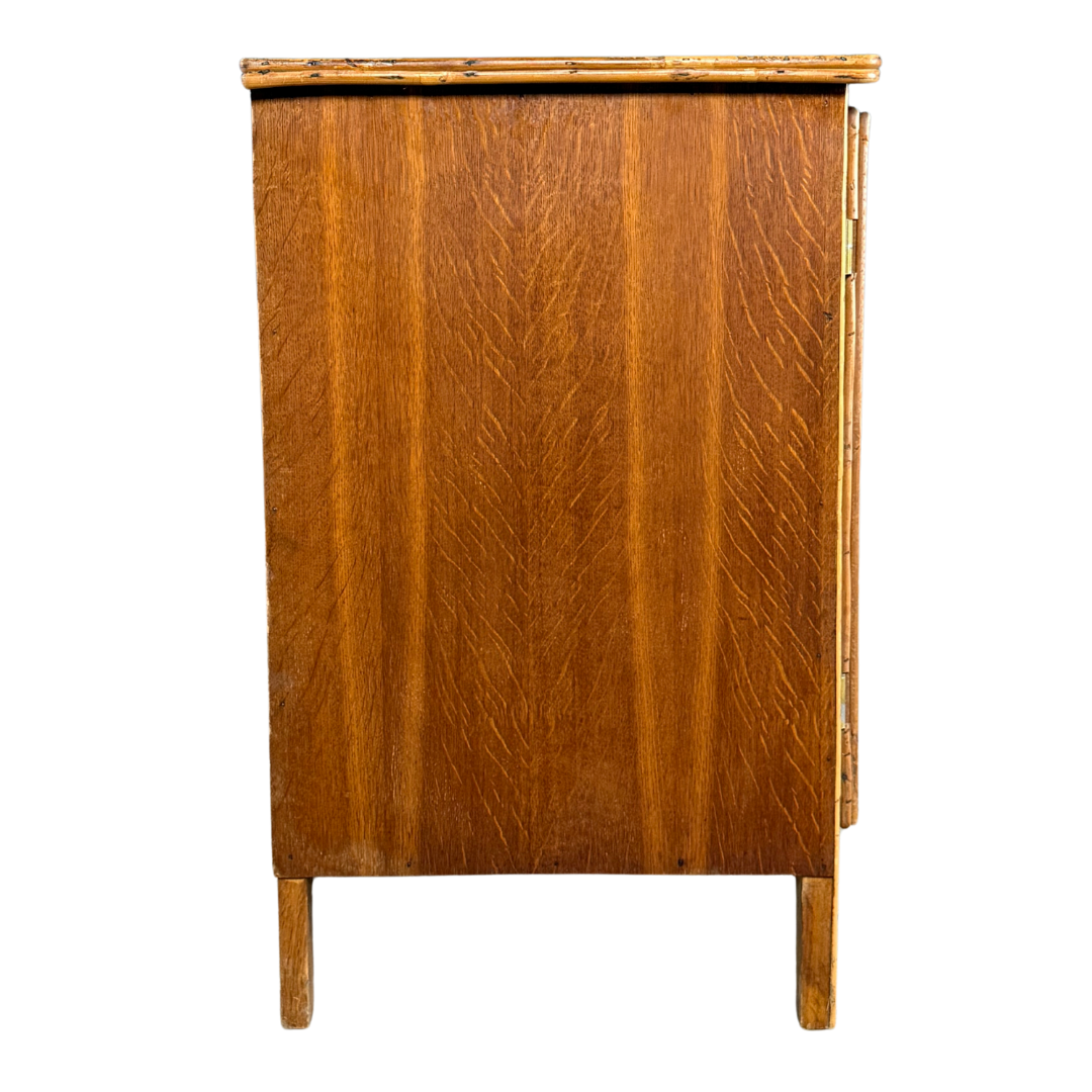 1950s French : quarter sewn oak cabinet with lattice bamboo