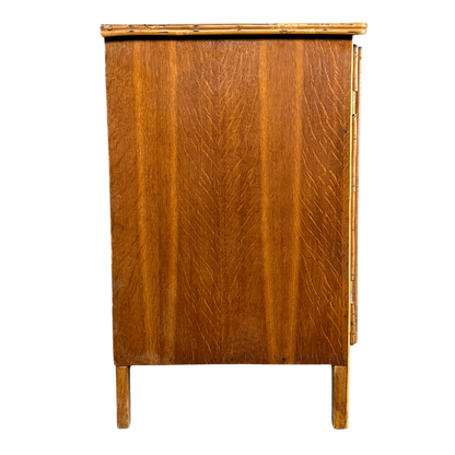 1950s French : quarter sewn oak cabinet with lattice bamboo