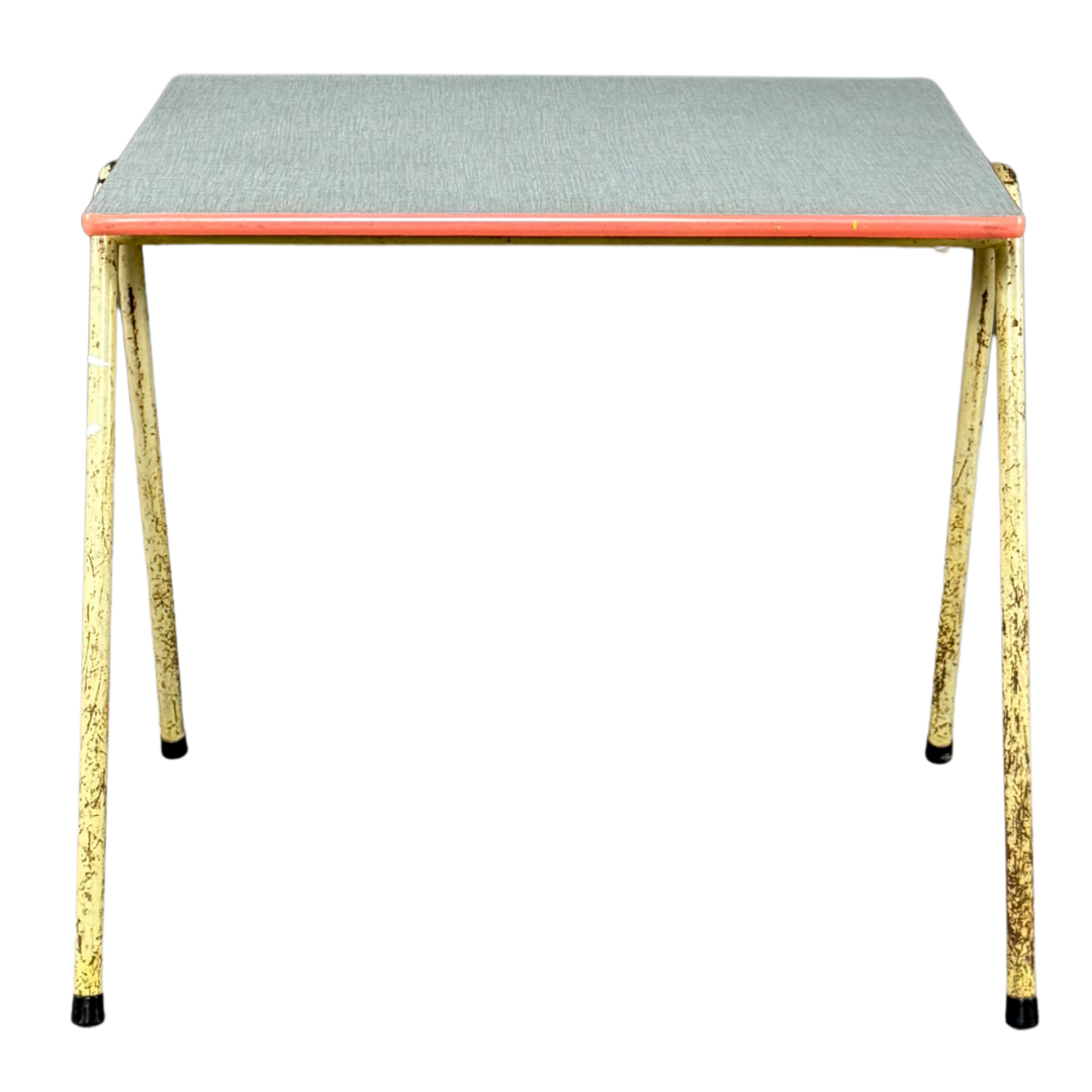 1950s French : pair small formica and lacquered steel school tables