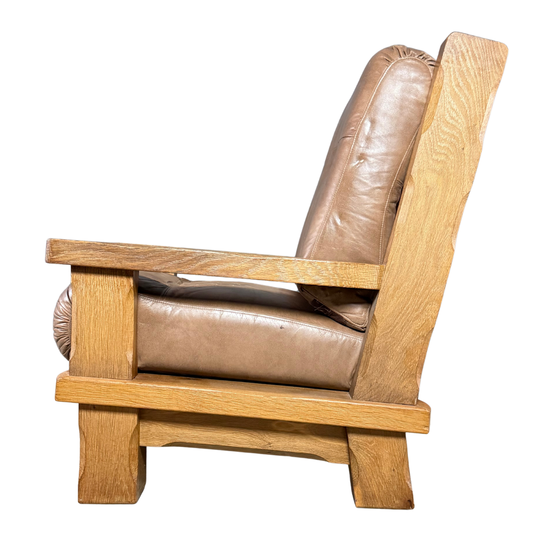 1970s French :  Néo-Rustique solid oakwood and leather lounge chair