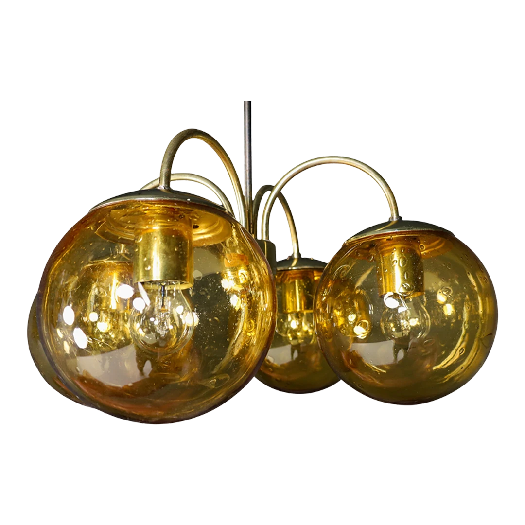 1960s Czech : golden 4-globe chandelier from Prague