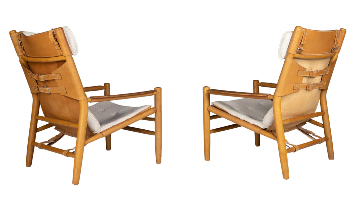 1970s DUX leather & birch tall-back safari chair, Sweden