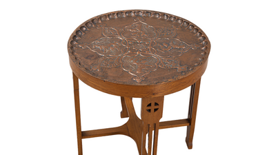 c1915 Arts & Crafts pierced oak side table, copper top