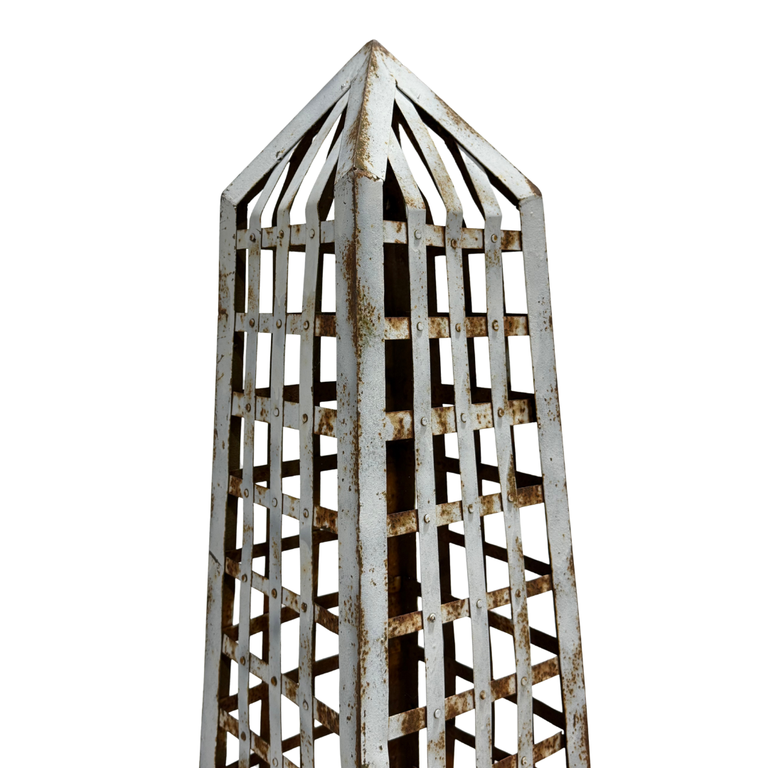 Pair 1980s European : white painted mesh metal 83" obelisk garden ornament