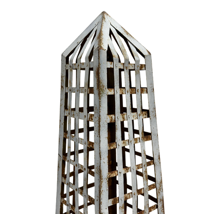 Pair 1980s European : white painted mesh metal 83" obelisk garden ornament