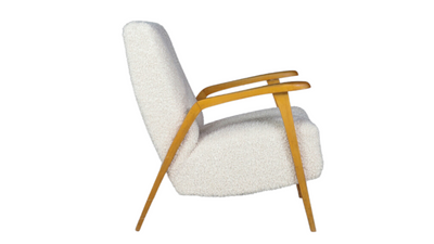 1960s French sculptural oakwood armchair w/new boucle'