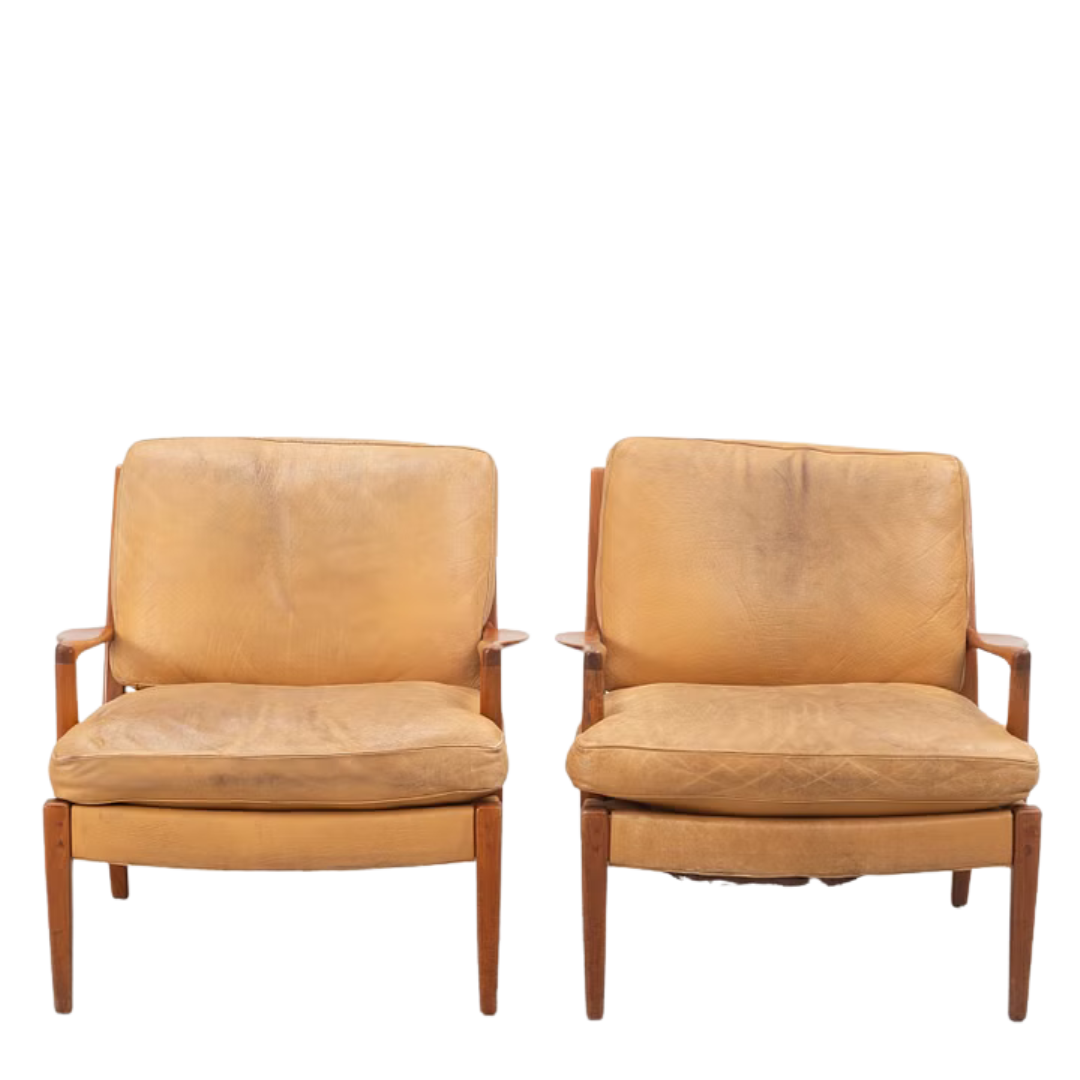 c1970 Arne Norell : leather and teakwood “Löven” armchair