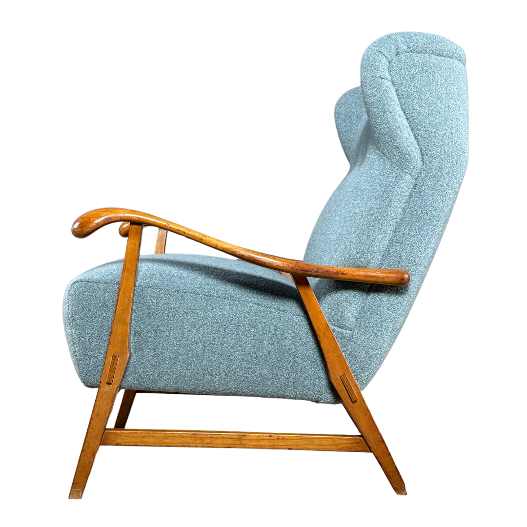 1950s French : sculpted elmwood armchair w/new upholstery