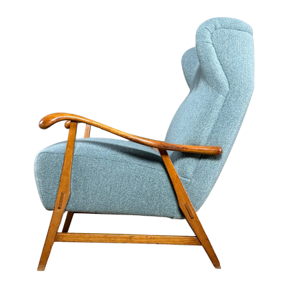 1950s French : sculpted elmwood armchair w/new upholstery