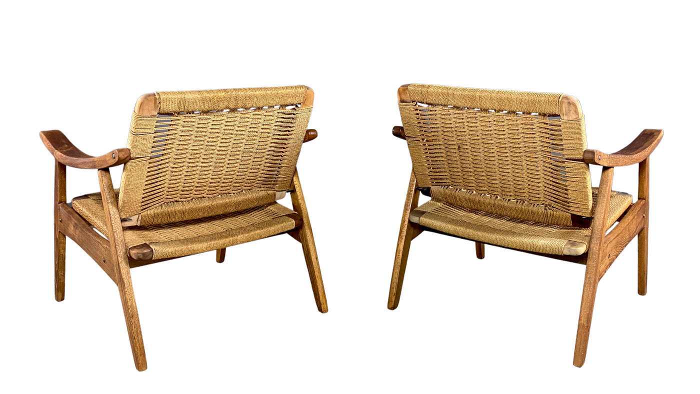 Pair American mid-century oak and papercord armchairs