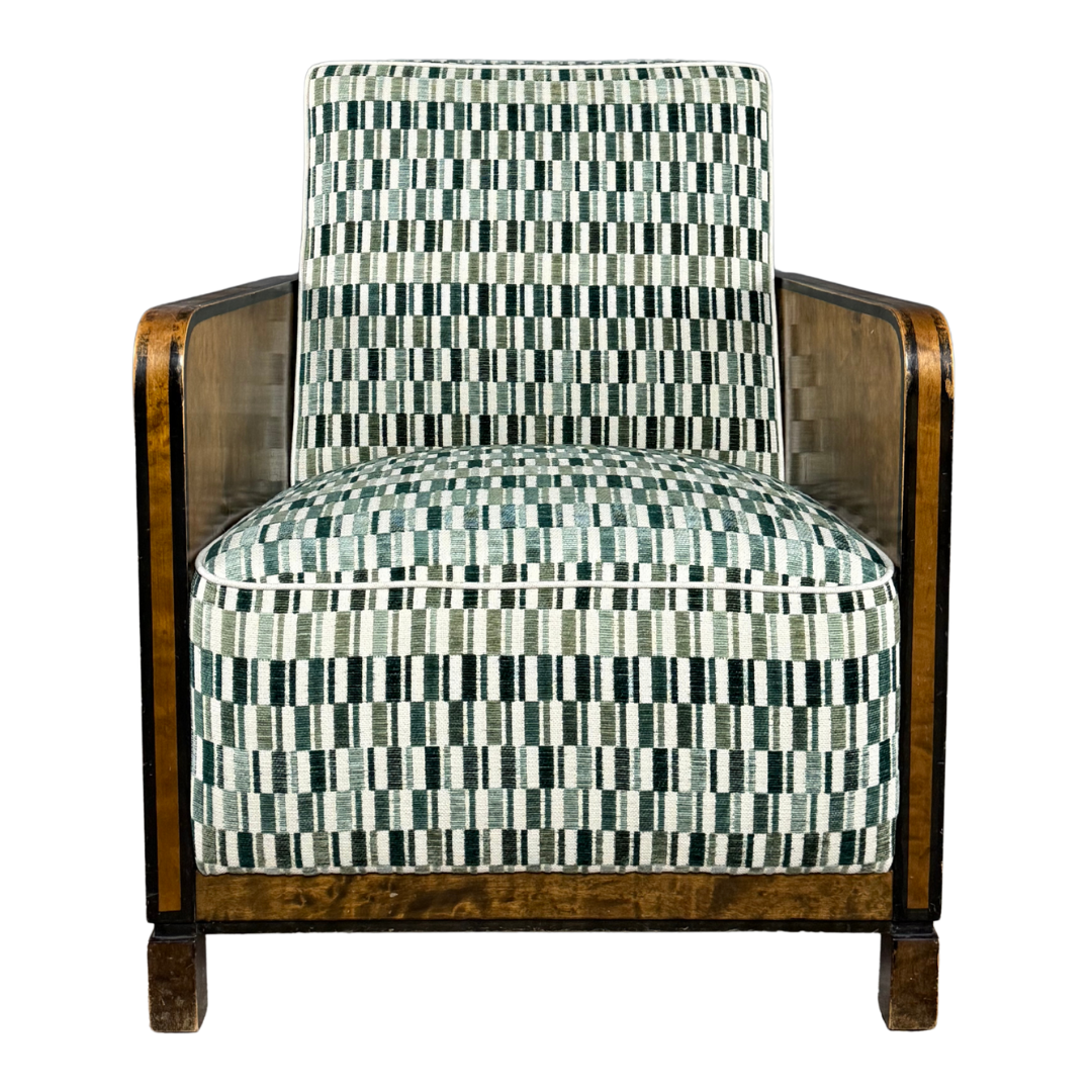 1940s European : pair post Art Deco functionalist armchairs in burl walnut