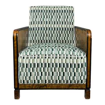 1940s European : pair post Art Deco functionalist armchairs in burl walnut