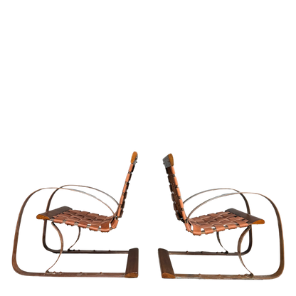 1980s Post Modern : steel, leather and wood cantilever spring chair