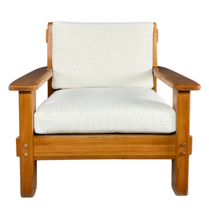 1970s French : solid oakwood lounge chair, visible joinery, new upholstery
