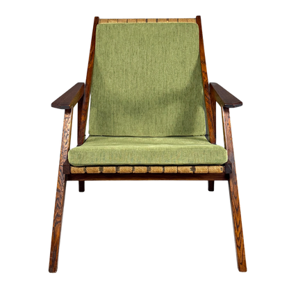 1950s Miroslav Navrátil : dark-stained oakwood armchair, linen straps