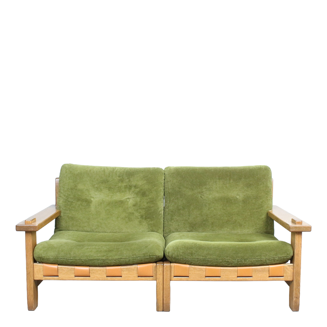 1970s Dutch : solid oakwood, green plush and leather 3-seat sofa