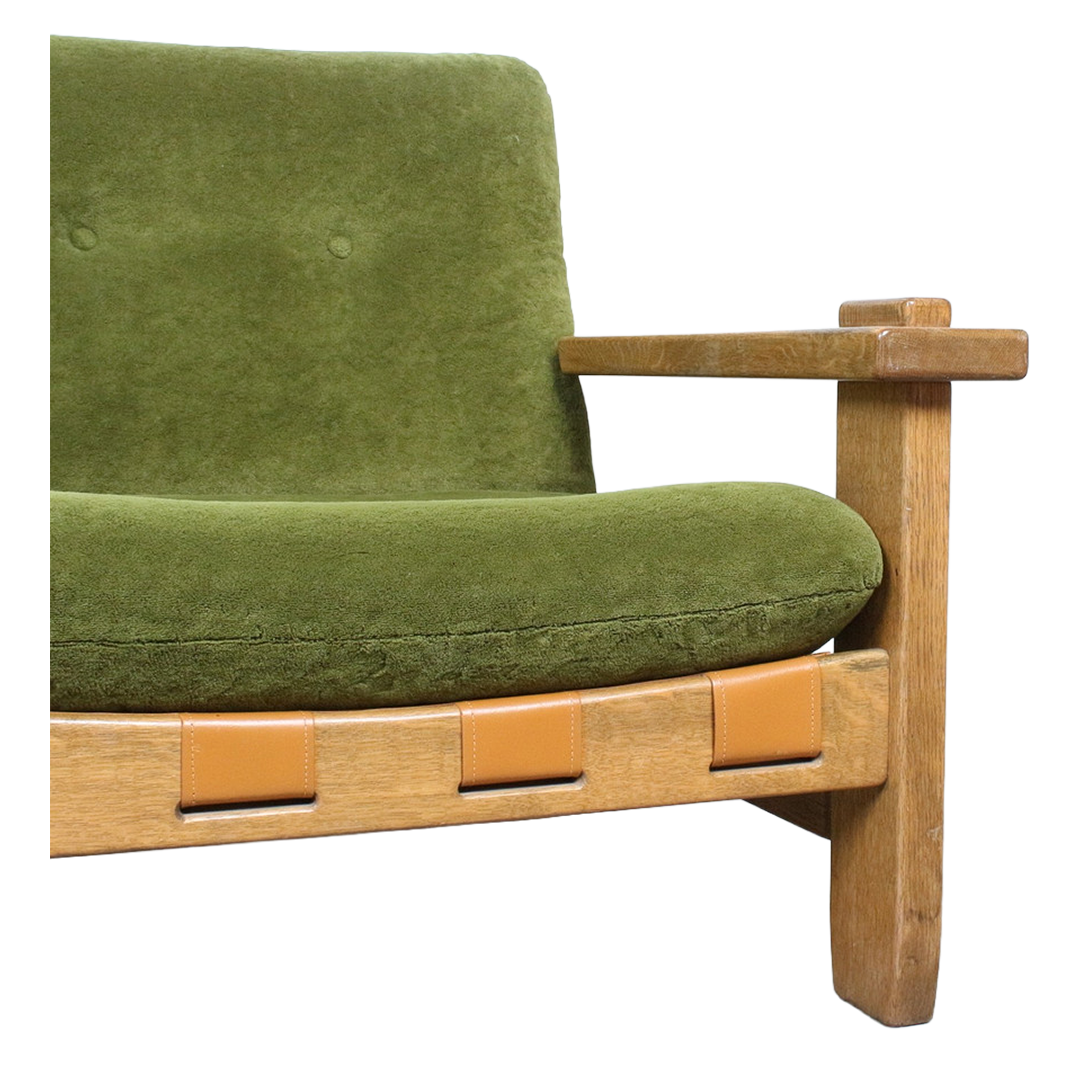 1970s Dutch : solid oakwood, green plush and leather 3-seat sofa