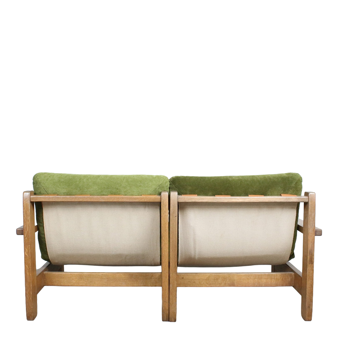 1970s Dutch : solid oakwood, green plush and leather 3-seat sofa