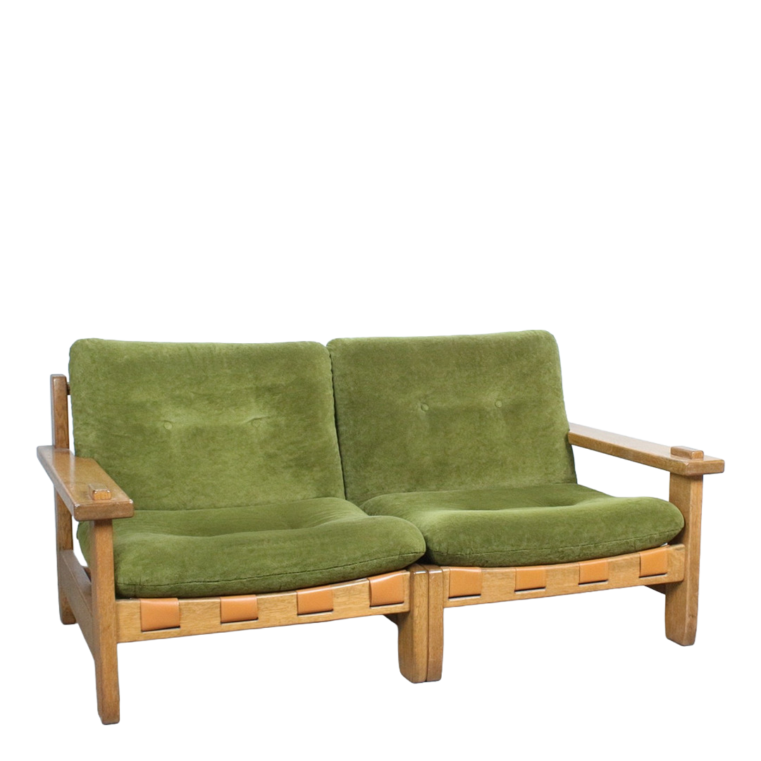 1970s Dutch : solid oakwood, green plush and leather 3-seat sofa