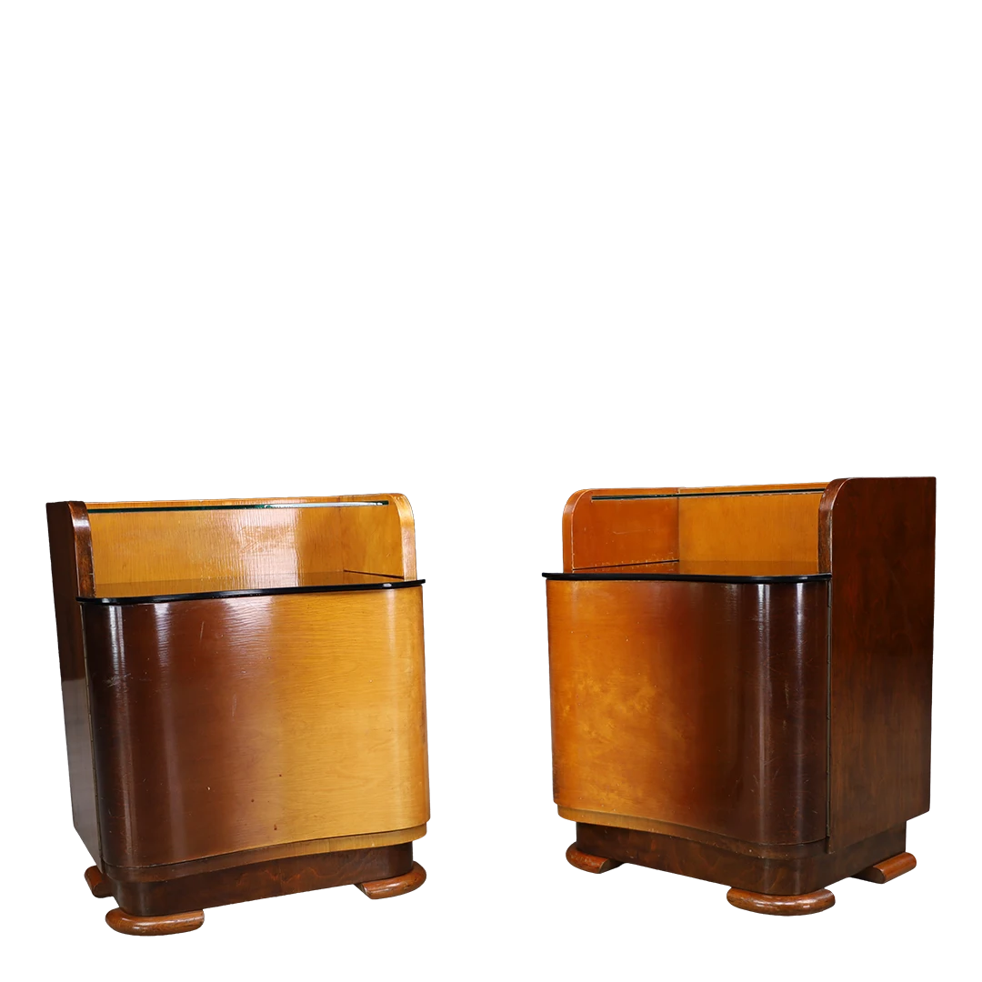 1930s Jindřich Halabala : pair dark walnut & glass nightstands, Czech