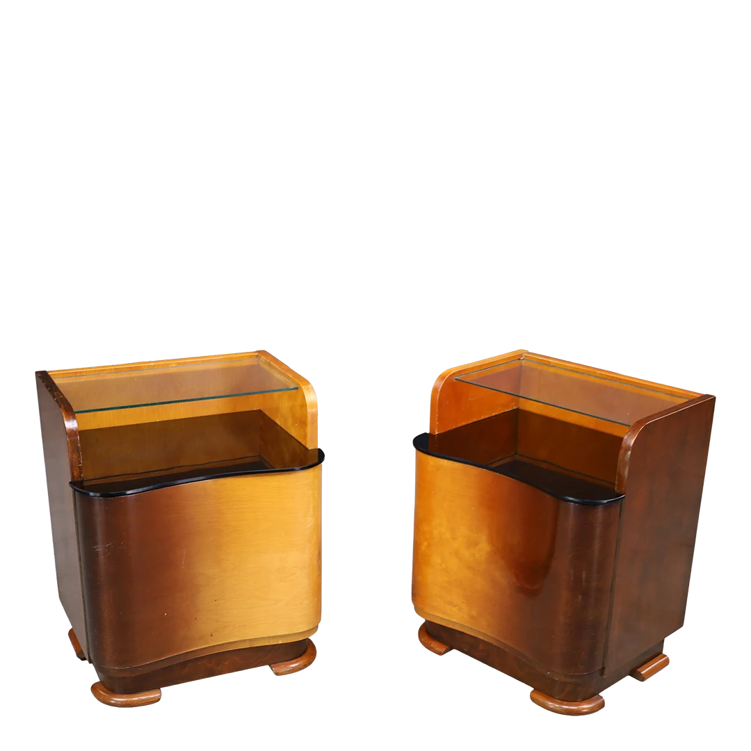 1930s Jindřich Halabala : pair dark walnut & glass nightstands, Czech