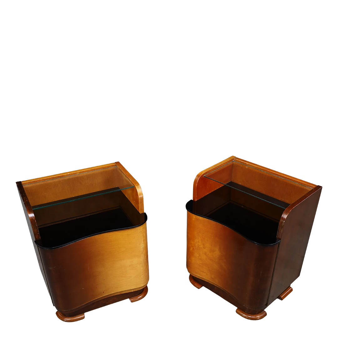 1930s Jindřich Halabala : pair dark walnut & glass nightstands, Czech