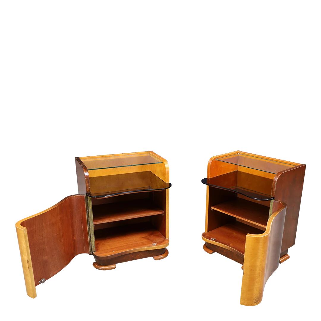 1930s Jindřich Halabala : pair dark walnut & glass nightstands, Czech