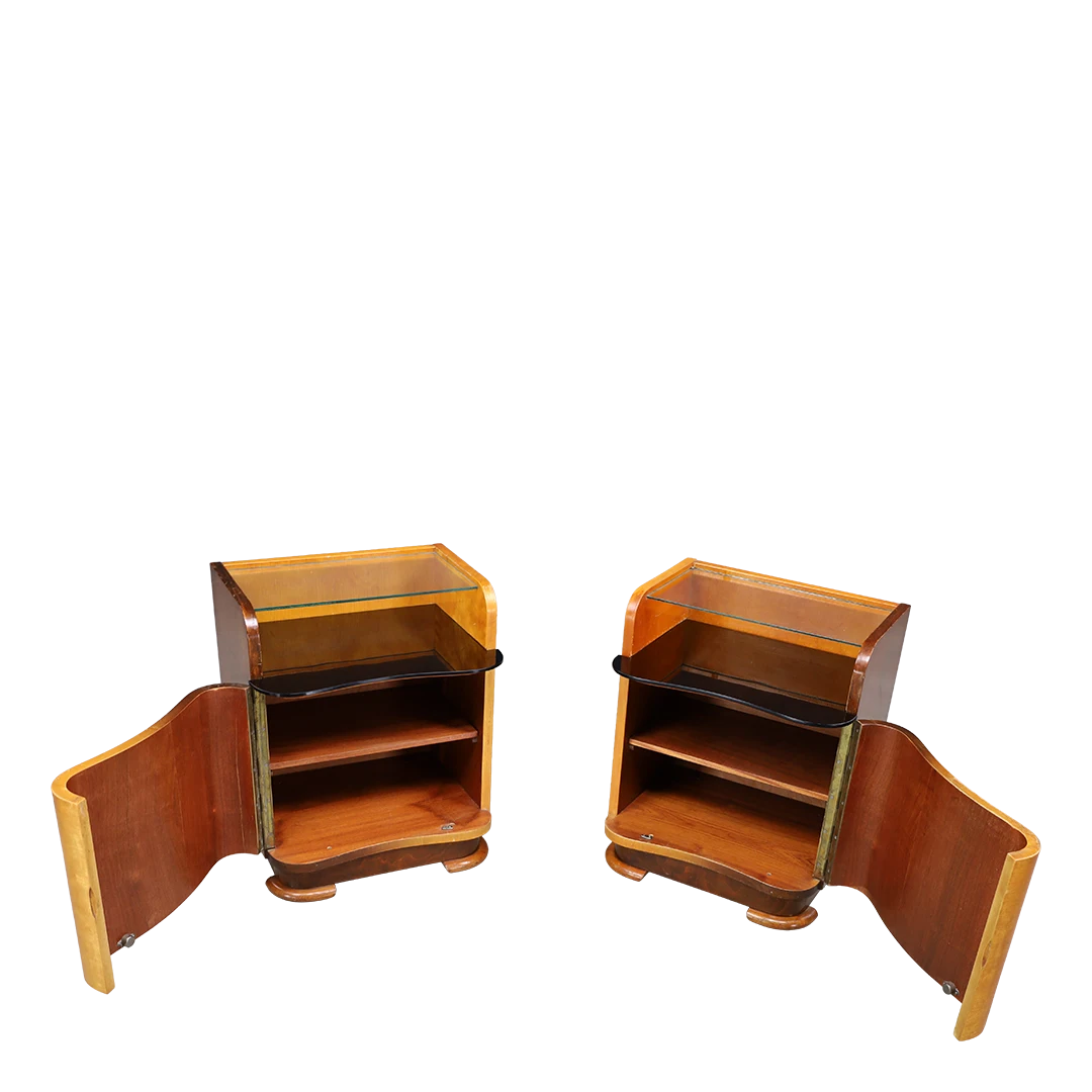 1930s Jindřich Halabala : pair dark walnut & glass nightstands, Czech