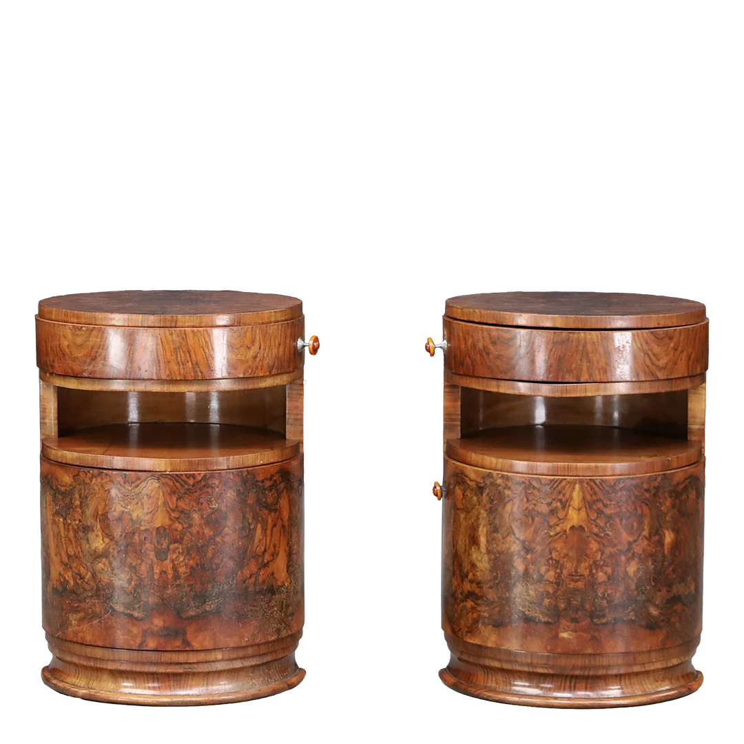 Late 1930s Czech : pair exceptional burl walnut Moderne drum nightstands