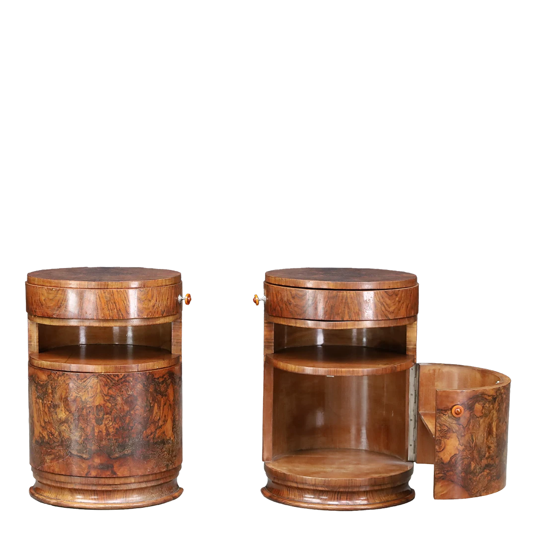 Late 1930s Czech : pair exceptional burl walnut Moderne drum nightstands