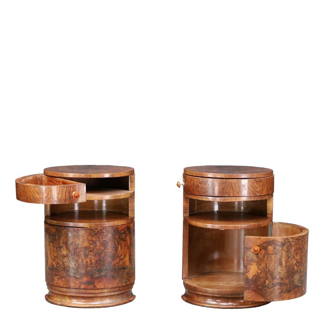 Late 1930s Czech : pair exceptional burl walnut Moderne drum nightstands