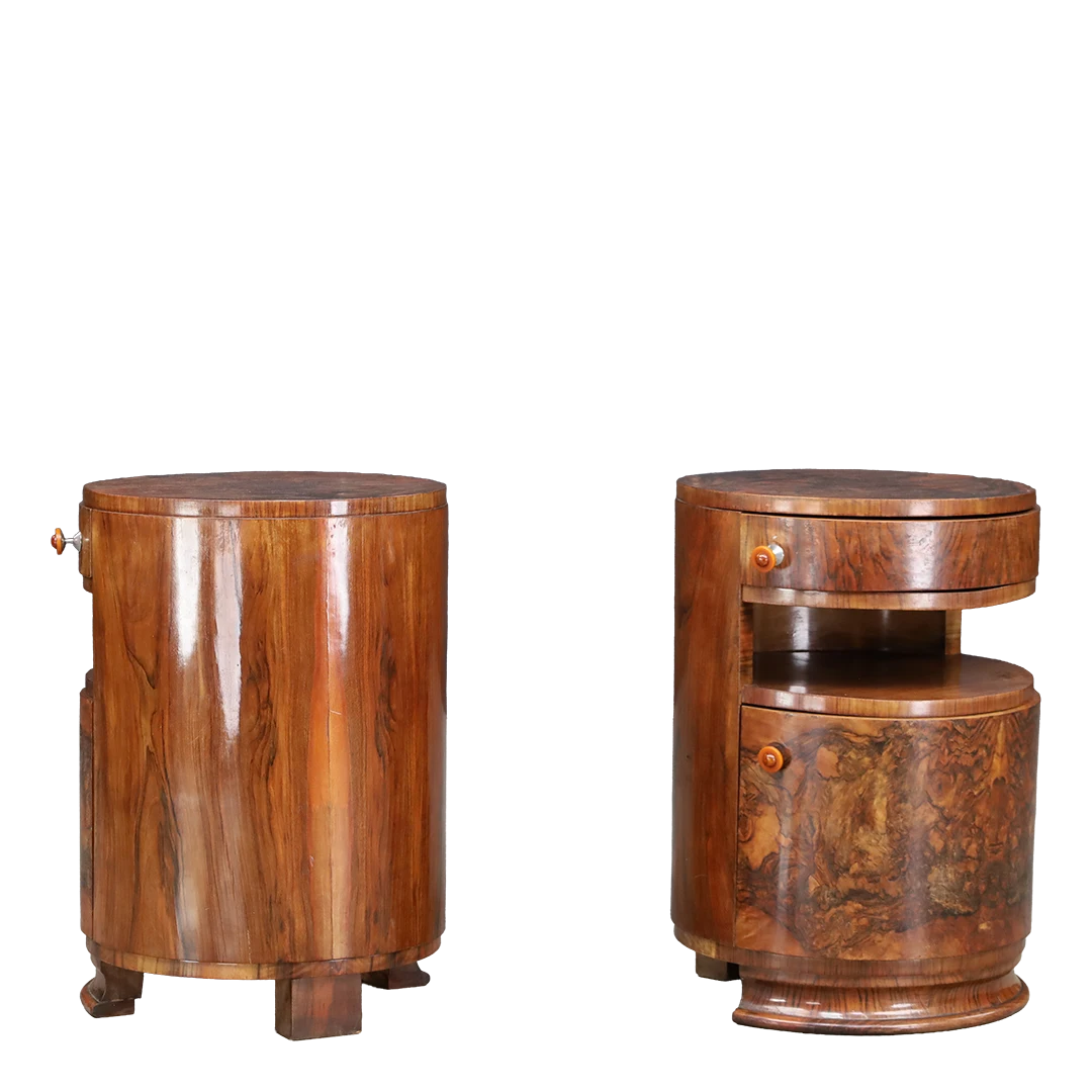 Late 1930s Czech : pair exceptional burl walnut Moderne drum nightstands