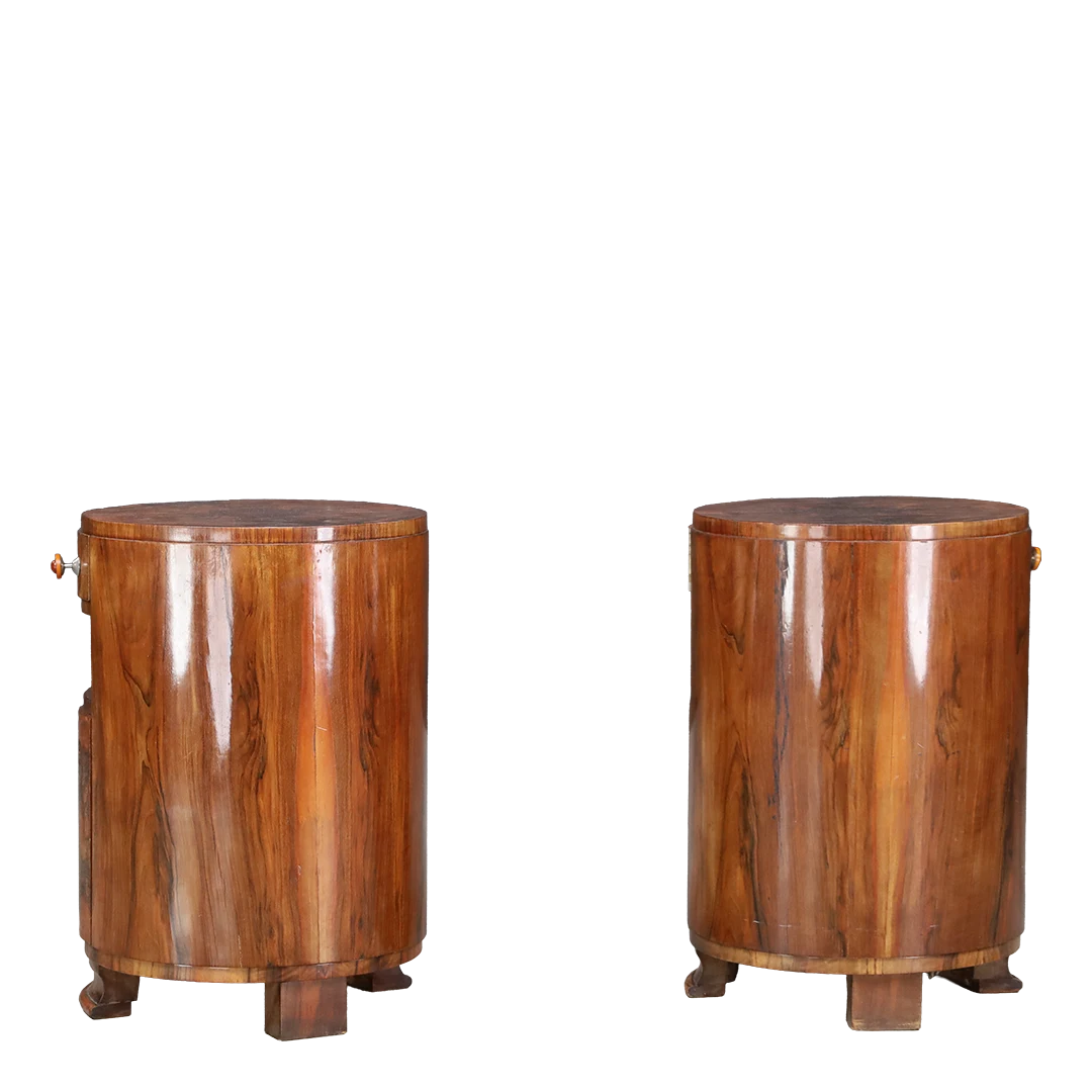 Late 1930s Czech : pair exceptional burl walnut Moderne drum nightstands
