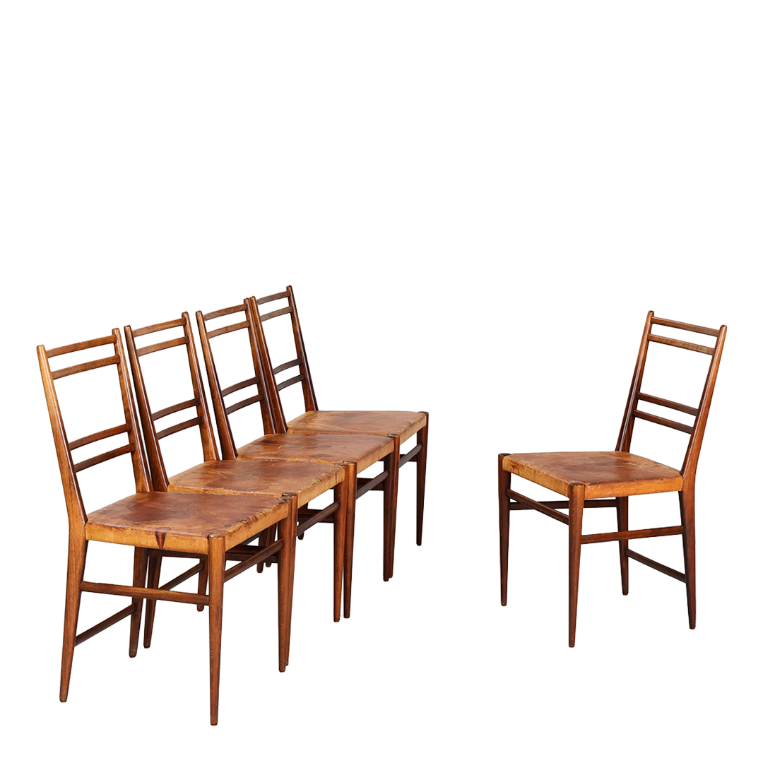 1950s Scandinavian : set five beech & leather ladder back dining chairs