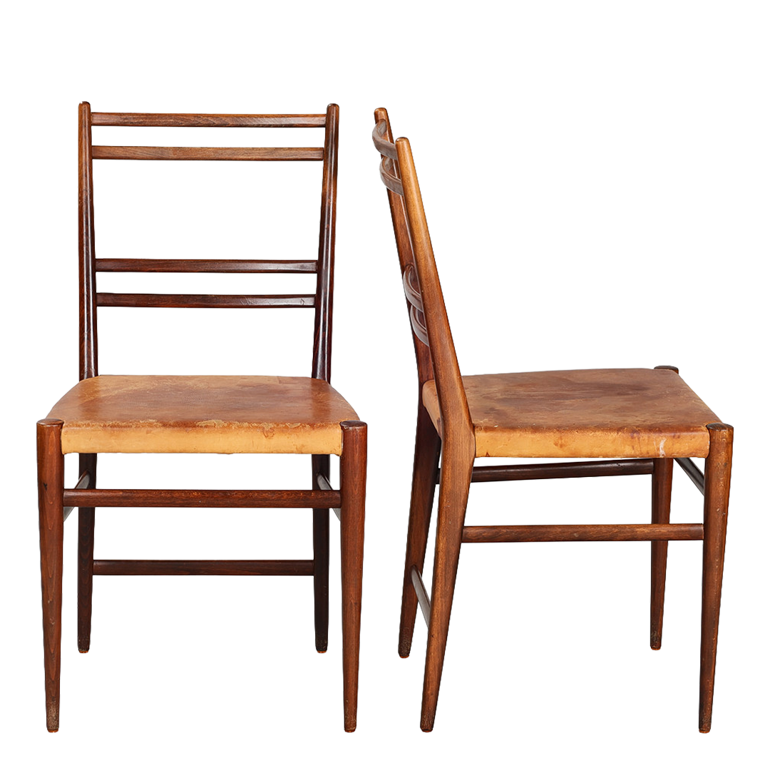 1950s Scandinavian : set five beech & leather ladder back dining chairs