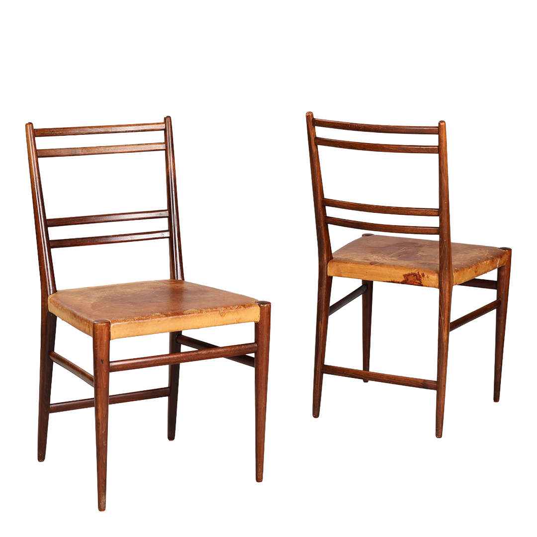 1950s Scandinavian : set five beech & leather ladder back dining chairs