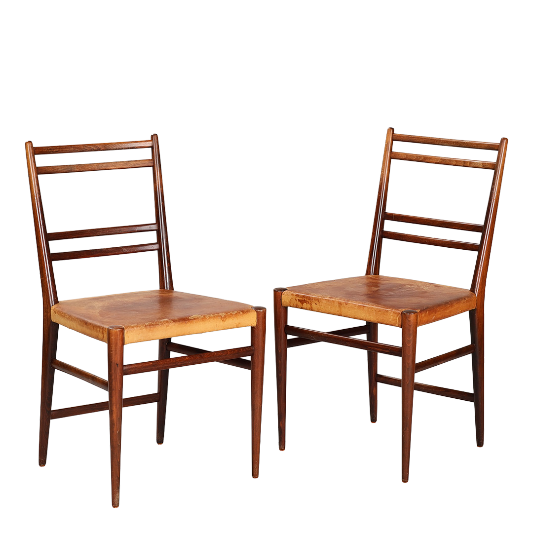 1950s Scandinavian : set five beech & leather ladder back dining chairs
