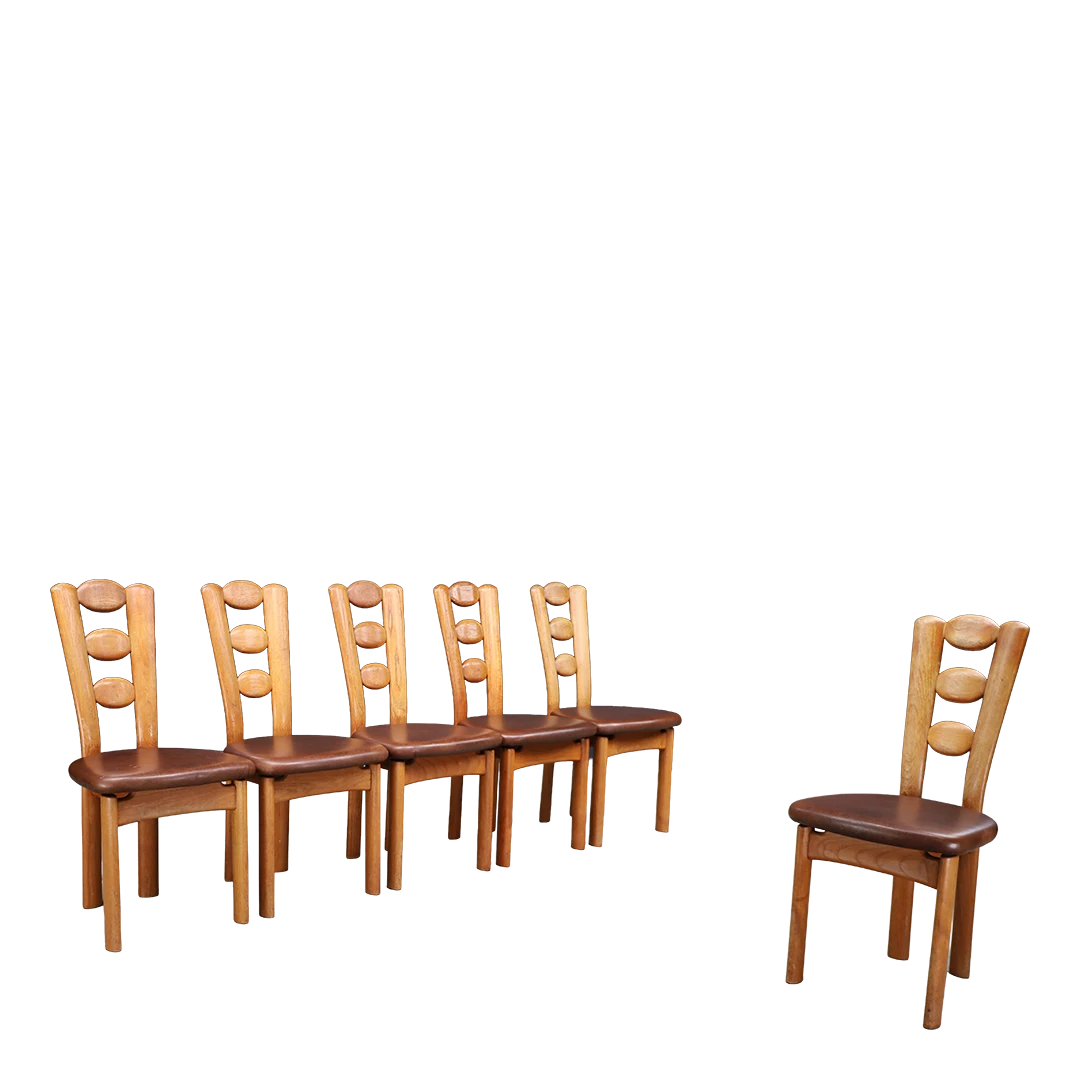 1970s Dutch : set of six Organic Moderne oak & skai dining chairs