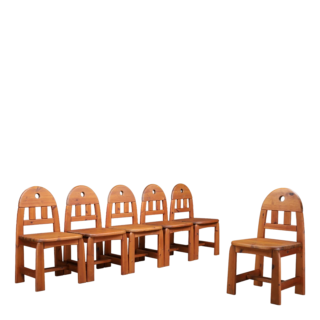 1970s WASA Möbel : set six solid Swedish pinewood dining chairs
