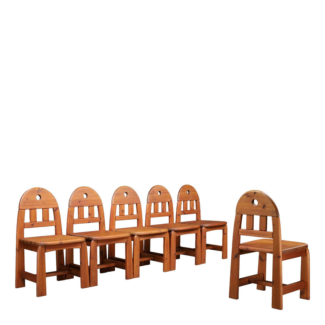 1970s WASA Möbel : set six solid Swedish pinewood dining chairs